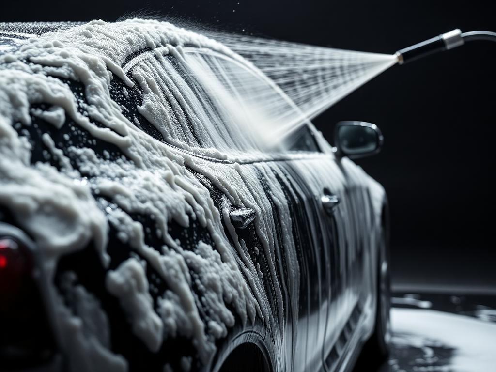 Car covered in thick foam during an exterior detail wash