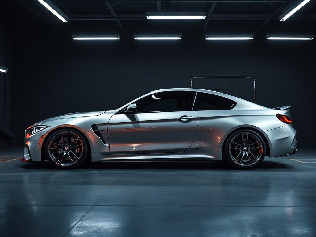 Silver sports coupe fully detailed under garage lighting