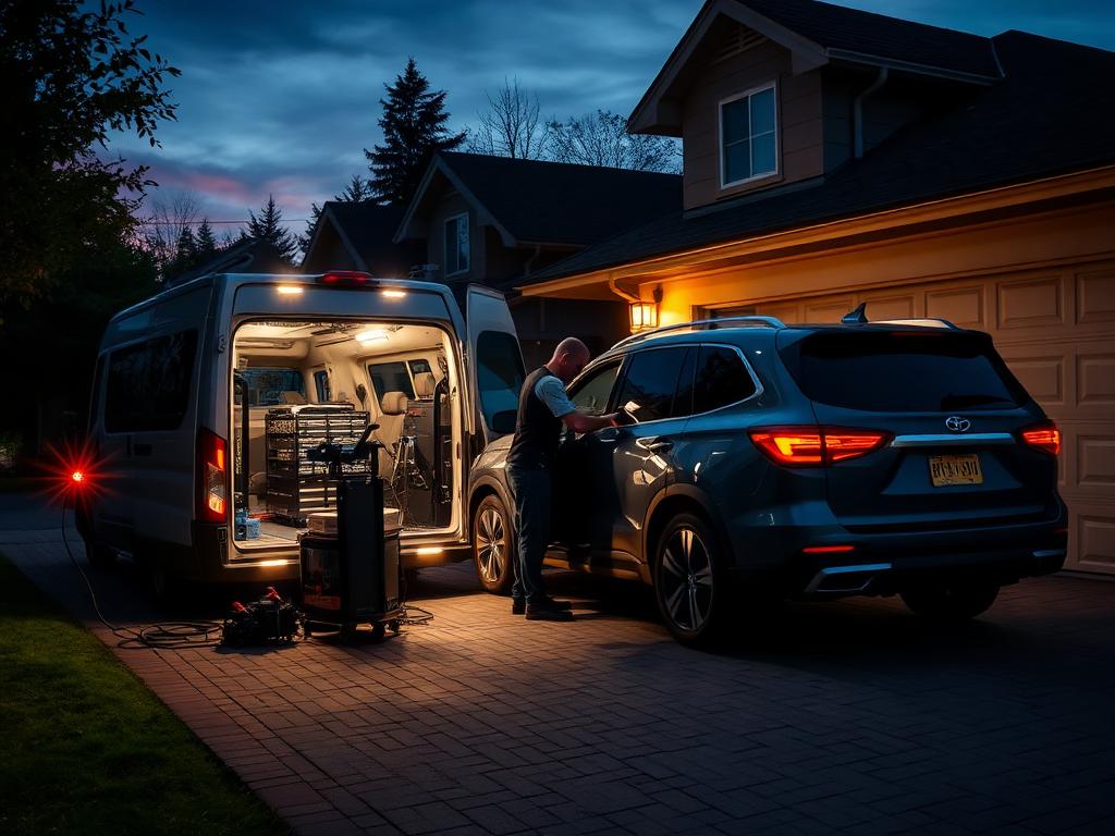 Mobile detailing van set up in a residential driveway at dusk